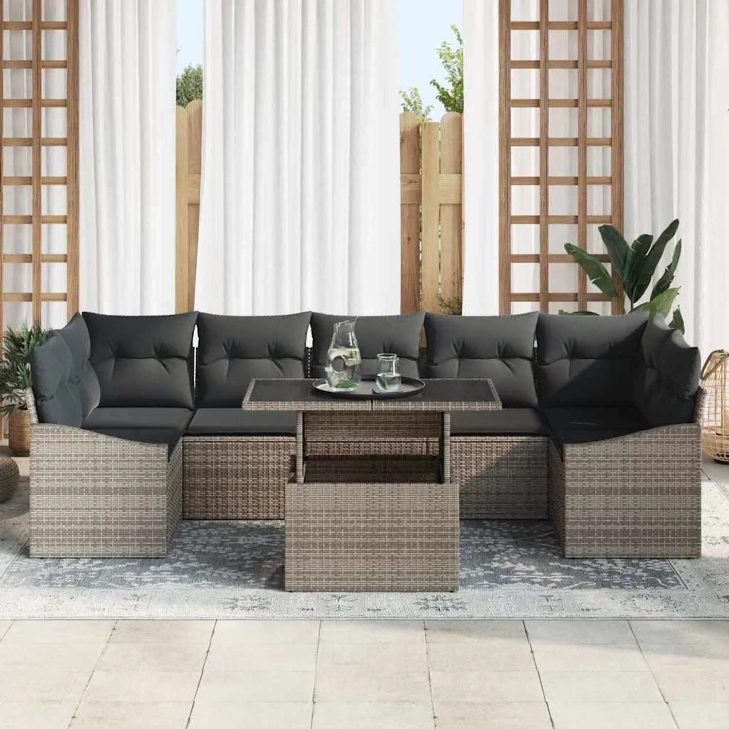 Graues 8-tlg. vidaXL Garten-Sofa-Set aus Poly Rattan mit Tisch und Auflagen.