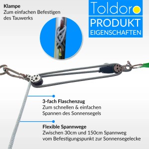Toldoro 3-fach Flaschenzug mit Klampe zum Spannen von Sonnensegeln.