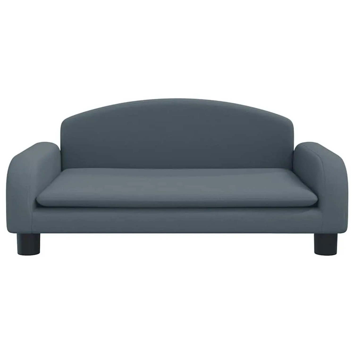 Dunkelgraues Hundebett aus Stoff, geformt wie ein kleines Sofa, mit Rücken- und Armlehnen. Maße 70x45x30 cm.
