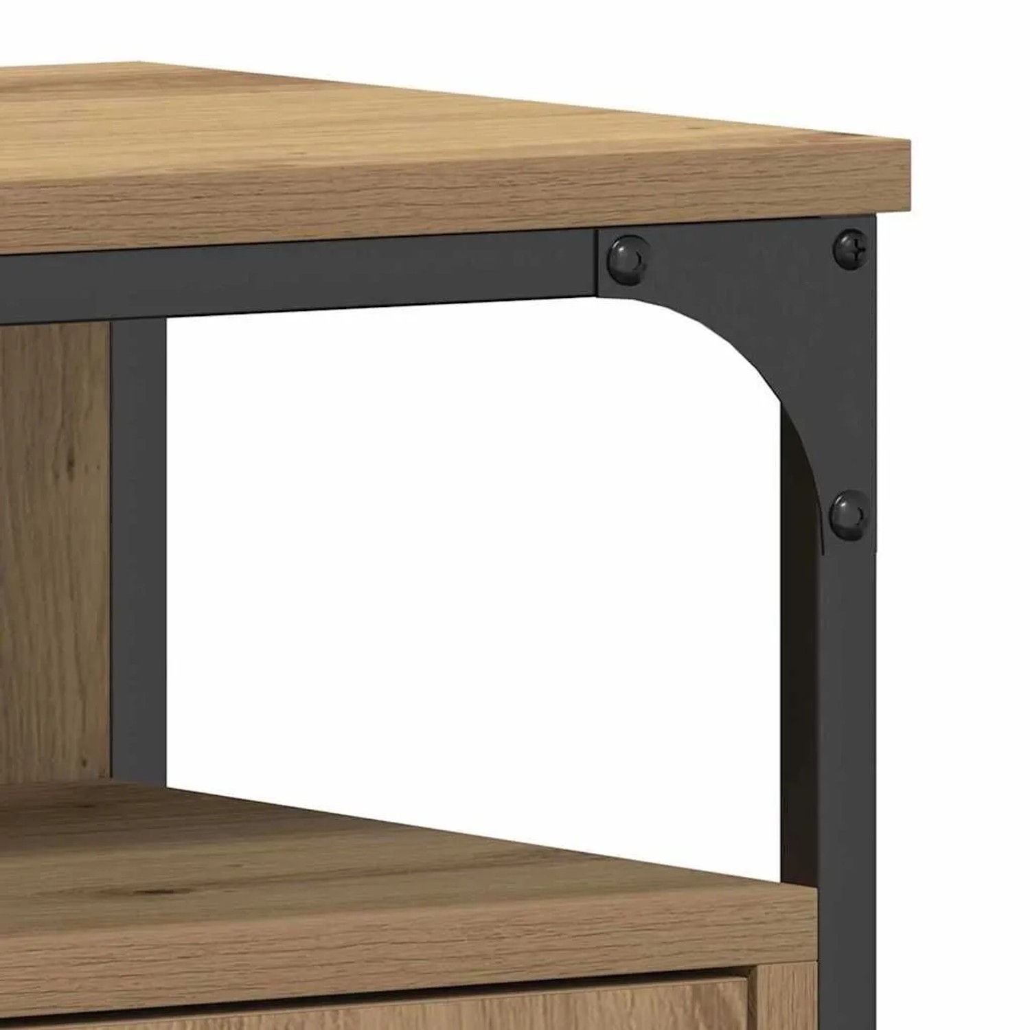 Eckdetail des vidaXL Waschbeckenschranks: Artisan-Eiche Holzwerkstoff mit schwarzem Stahlrahmen und Nieten.