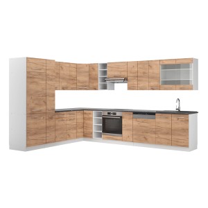 Vicco Fame-Line Eckküche in Goldkraft Eiche/Weiß, 347x257 cm, ohne Arbeitsplatte.