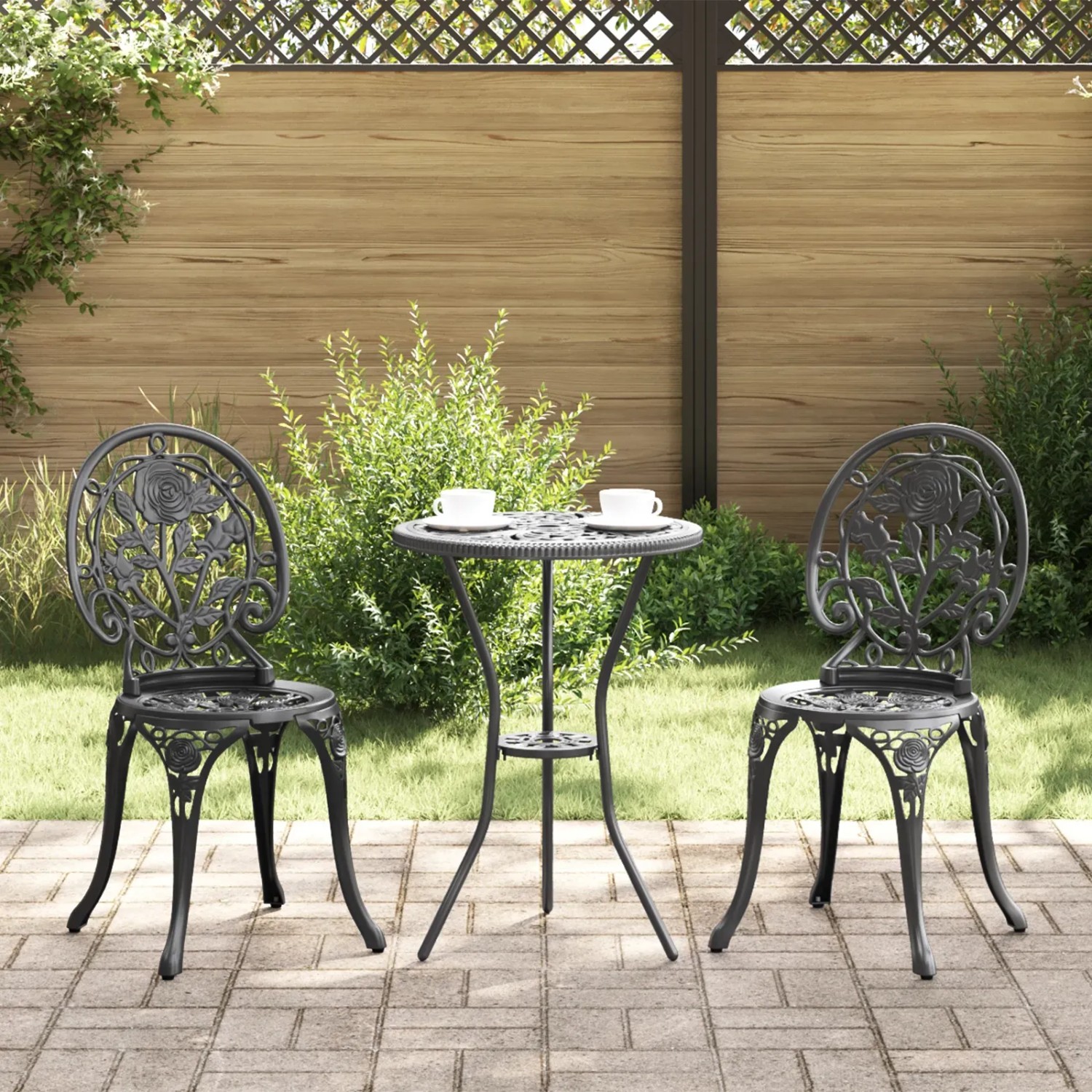 Schwarzes 3-teiliges vidaXL Garten Bistro Set aus Aluminium für Terrasse und Garten.