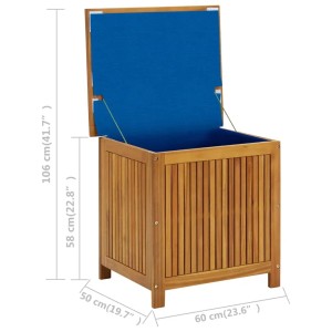 Geöffnete VidaXL Gartenbox aus Akazie, 60x50x58 cm, Massivholz, mit blauer Innenseite.