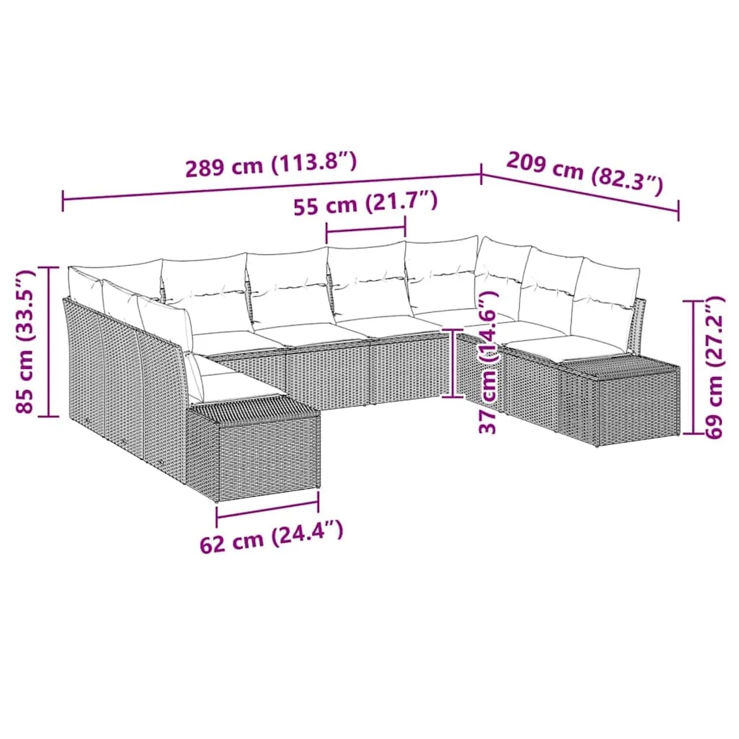 vidaXL Garten-Sofa-Set 9-tlg braun Poly Rattan mit Maßen, für Terrasse & Garten.