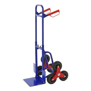 Blaue PROREGAL Treppensackkarre mit Sicherheitsgriffen, Standardschaufel und Dreirad-System für Treppen.