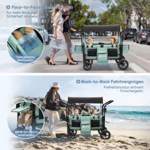 Sekey Bollerwagen XXL, 2-Sitzer in Blaugrün mit Dach, Schiebegriff und 5-Punkt-Gurt für Camping & Freizeit.
