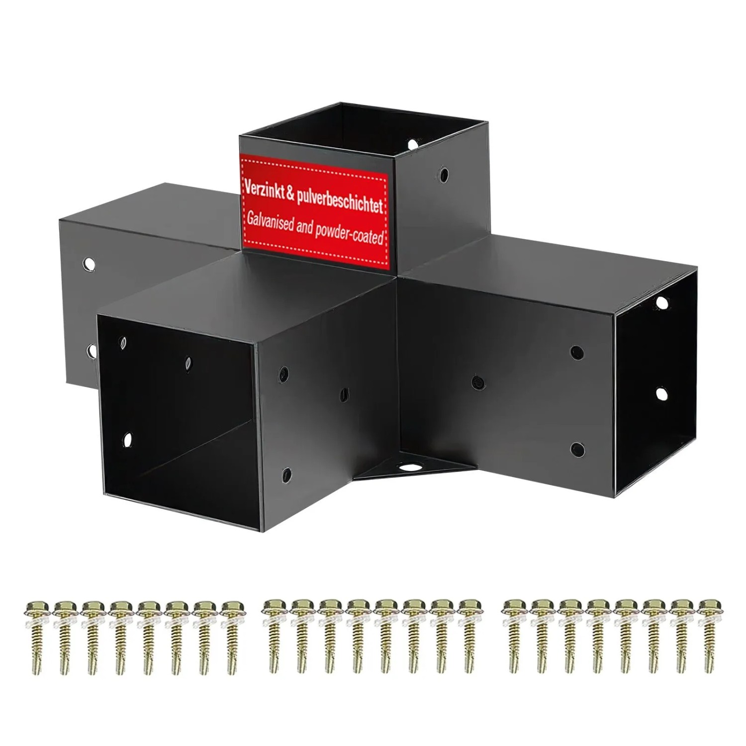 SOTECH Mittelverbinder 90 x 90 mm 4-Wege-Verbinder Vierkant Stahl Verzinkt Schwarz Pulverbeschichtet für Höchsten Korros...