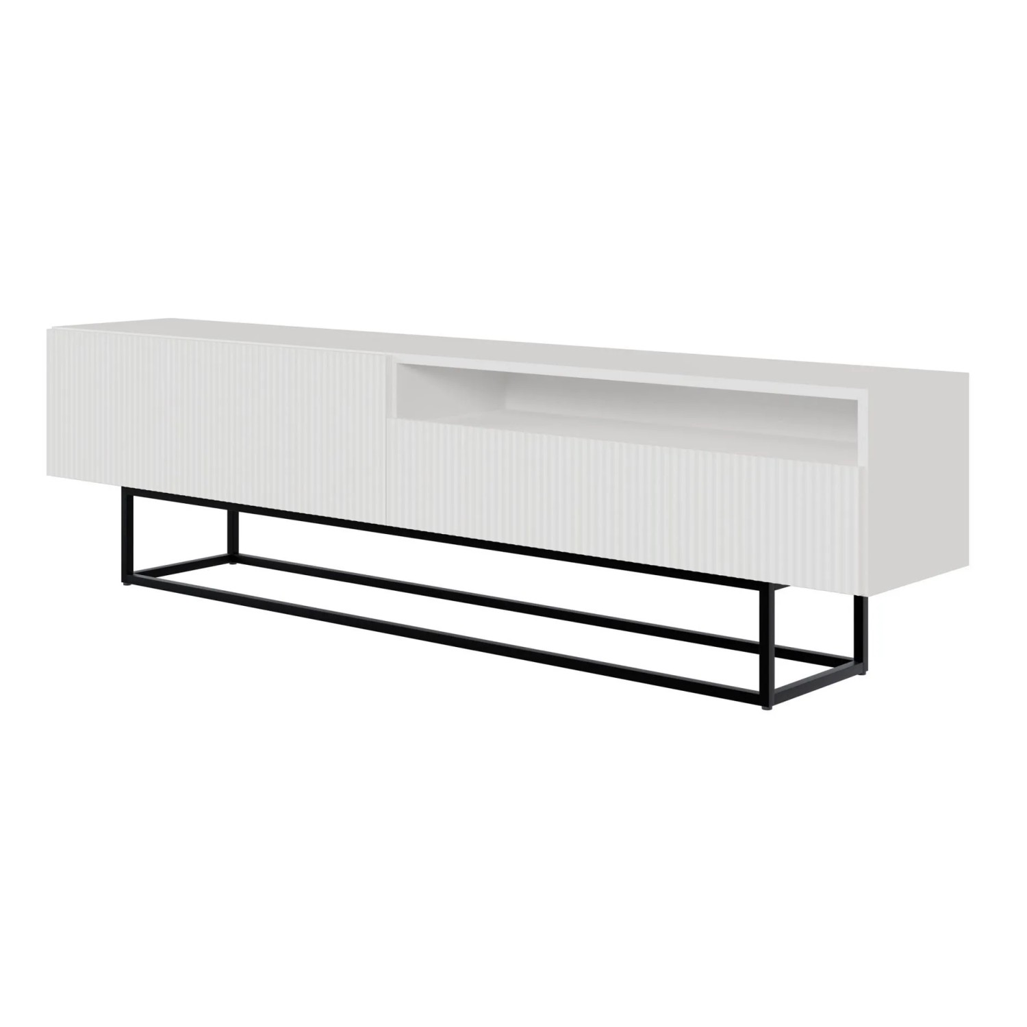 Selsey TV-Lowboard Veldio mit Lamellenfront und Offenem Fach 175 cm Weiß mit Schwarzem Gestell