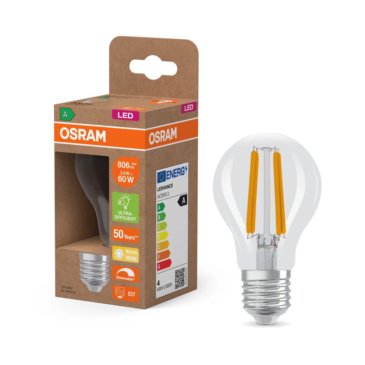 Osram LED-Lampe E27 Glühlampenform A60 EEK-A 3.8 W 2.700 K 10,5 cm x Ø 6 cm