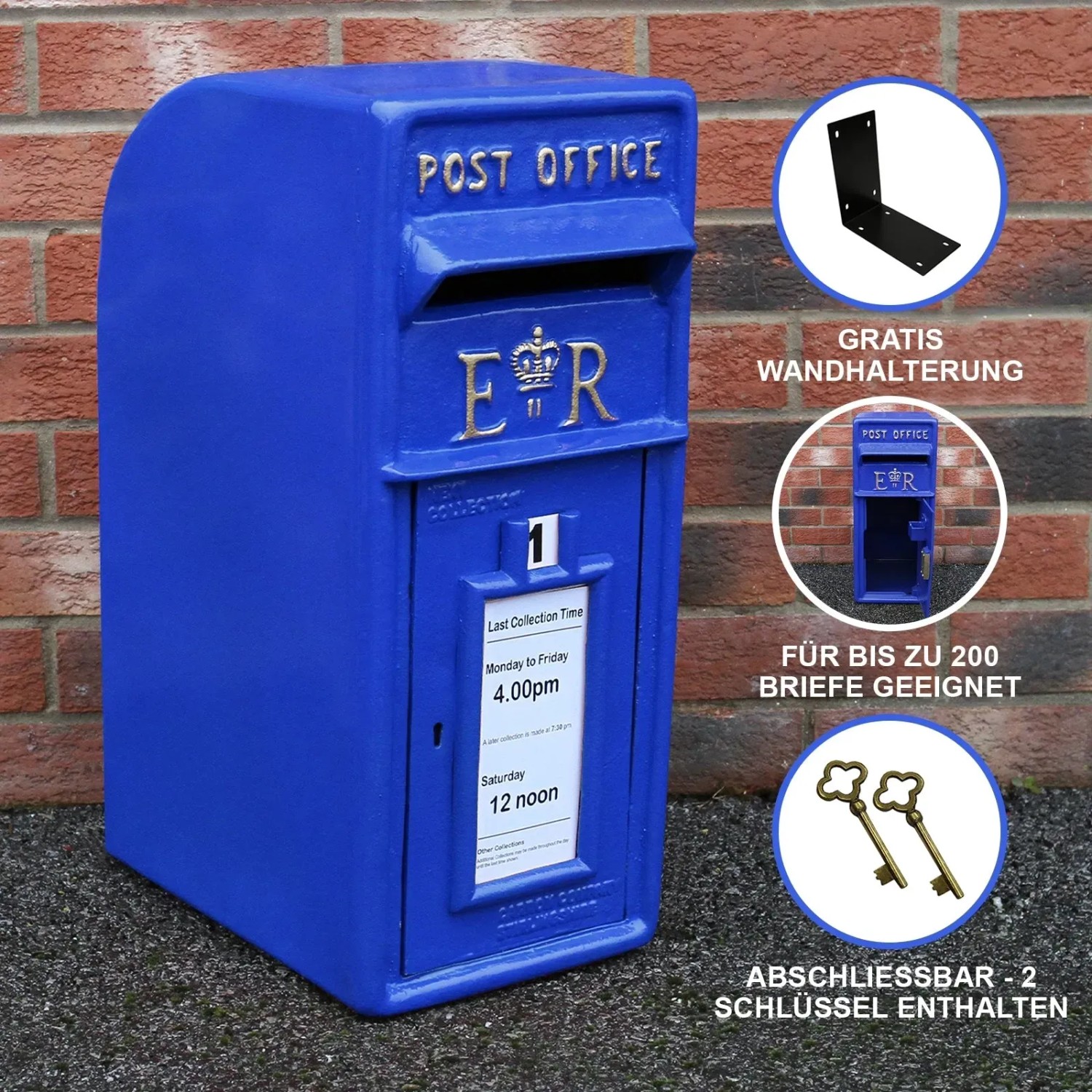 Blauer Monstershop Briefkasten im Schottischen Stil mit Wandhalterung und Schlüsseln.