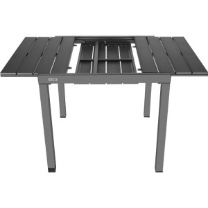 Tectake Inca Gartentisch aus Aluminium, schwarz, mit ausziehbarer Tischplatte und Lamellen in Holzoptik, teilweise geöffnet.