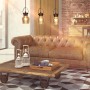 Näve Pendelleuchte Glas Alex, gelbgoldfarben, im Wohnraum mit Ledersofa und Tisch.