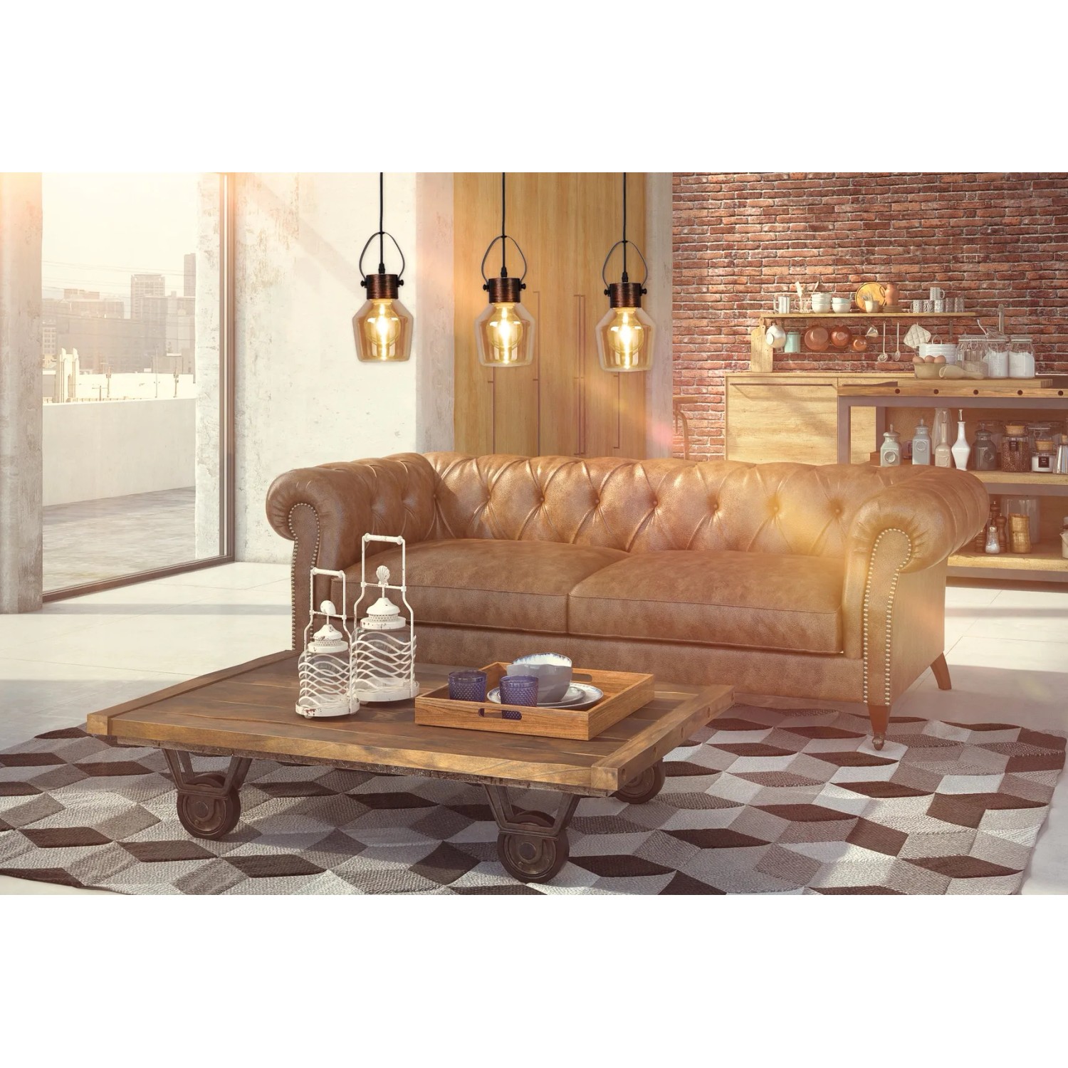 Näve Pendelleuchte Glas Alex, gelbgoldfarben, im Wohnraum mit Ledersofa und Tisch.