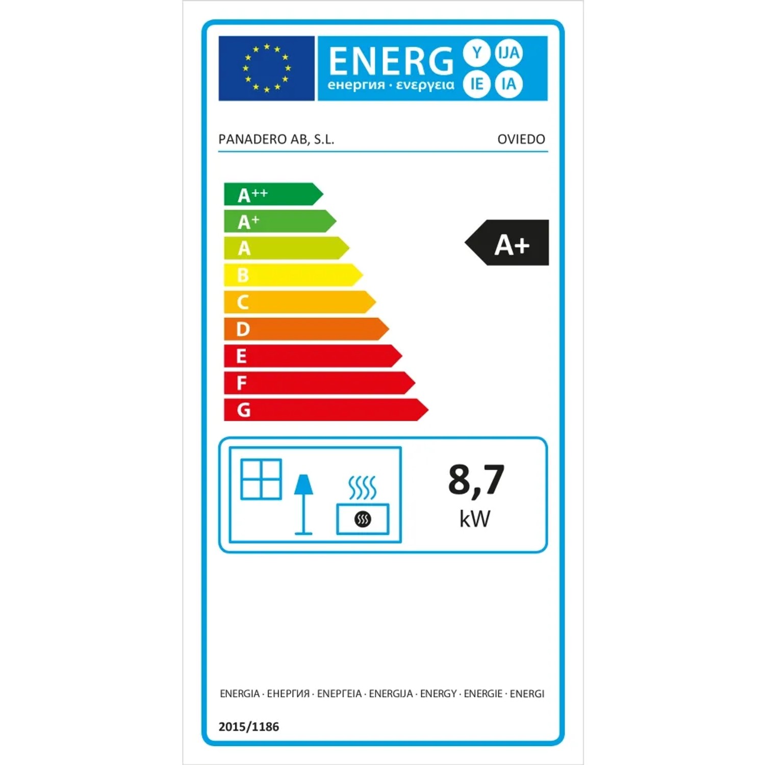 Energielabel des Panadero Oviedo Kaminofens mit A+ Bewertung und 8,7 kW Leistung.