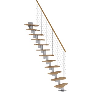 Dolle Mittelholmtreppe Basel Eiche, perlgraue Wangen, einseitiges Geländer mit Edelstahlstäben.