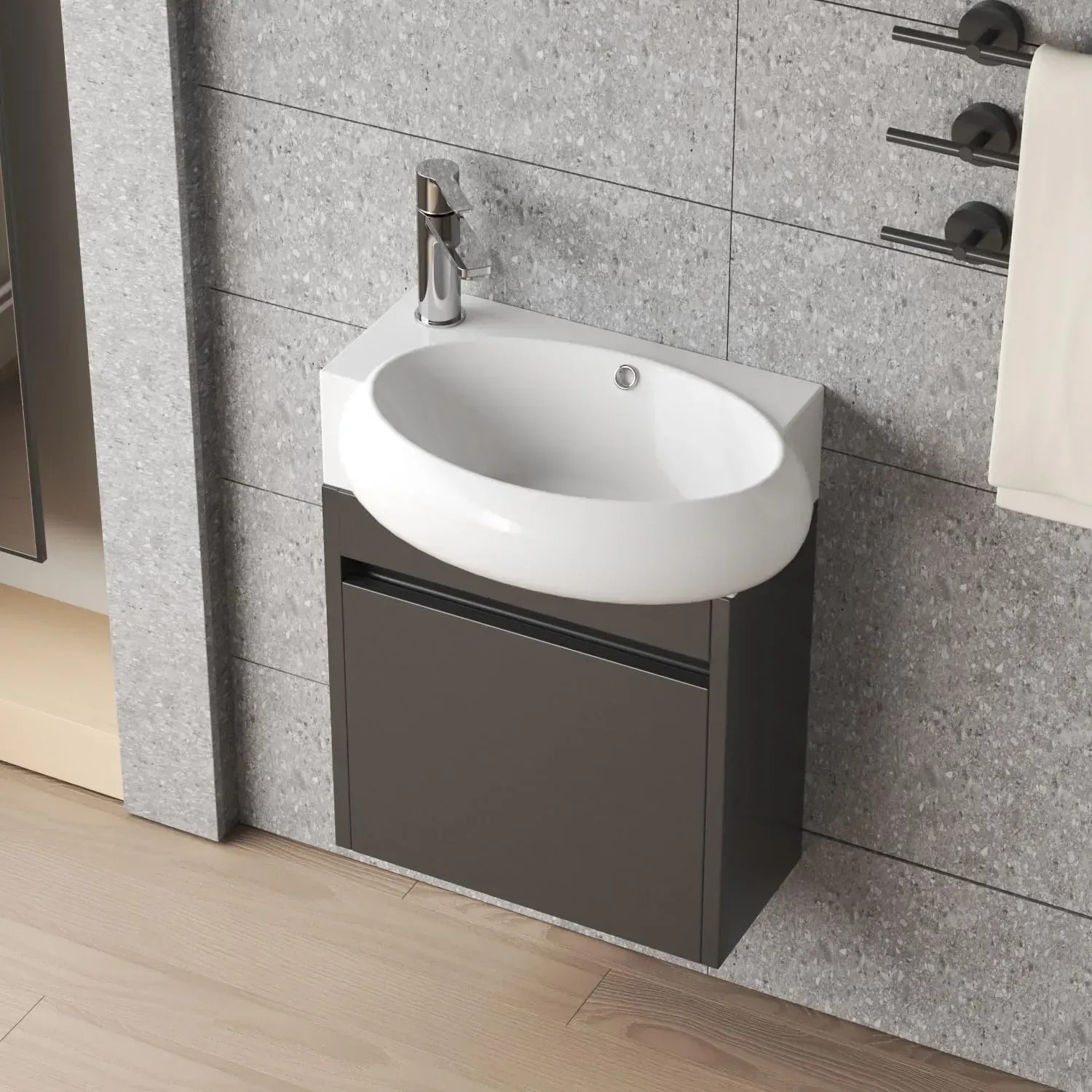 Aquabatos Handwaschbecken mit Unterschrank, Aufsatzbecken, Wasserhahn und Überlauf.