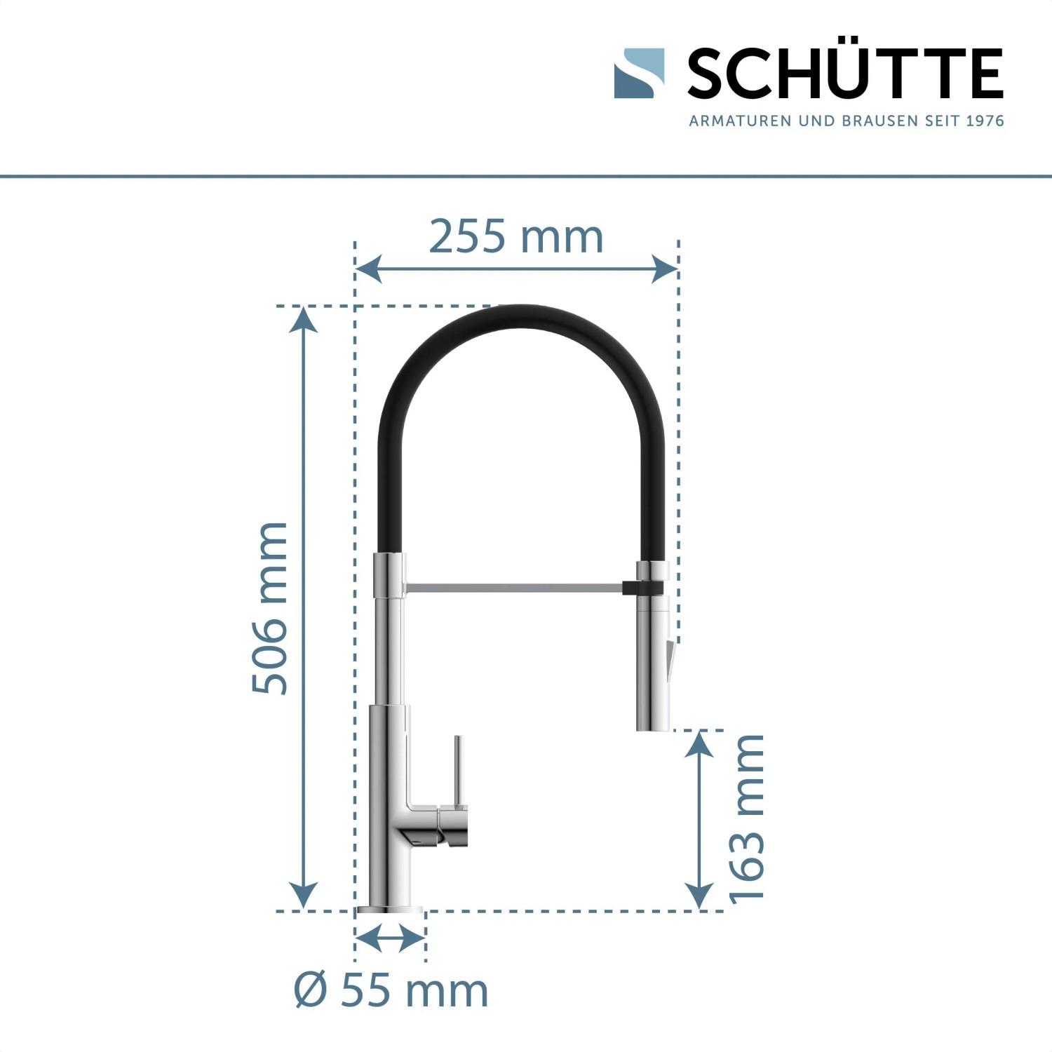 Schütte Stilo Spültischarmatur mit Soft-Touch Schlauch, Chrom-Schwarz, Maße