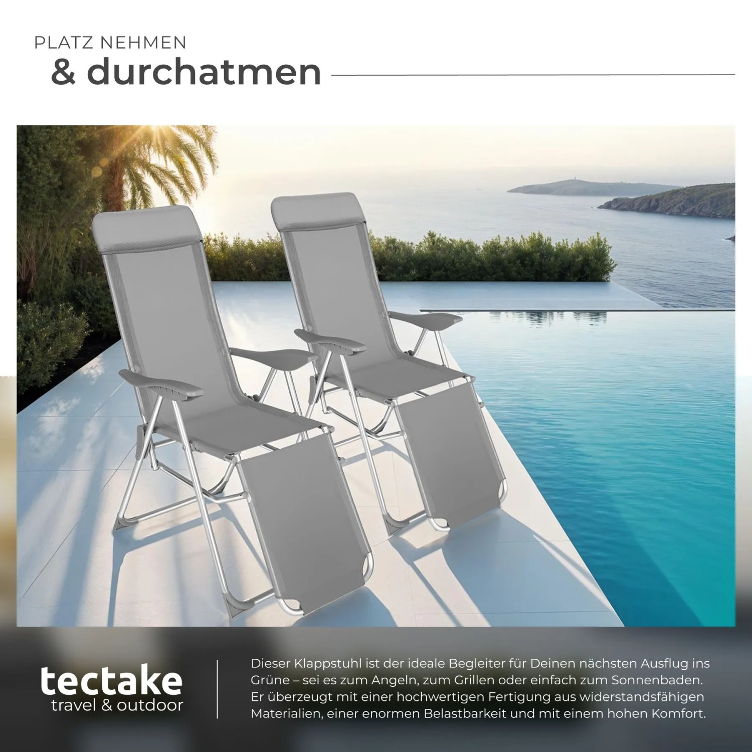 Zwei graue Tectake Aluminium Gartenstühle klappbar am Pool. Verstellbare Rückenlehne, Kopfpolster für Entspannung.