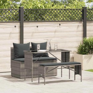 Graue 3-tlg. vidaXL Garten-Essgruppe aus Polyrattan mit Tisch, Bank und Sofa mit Kissen.