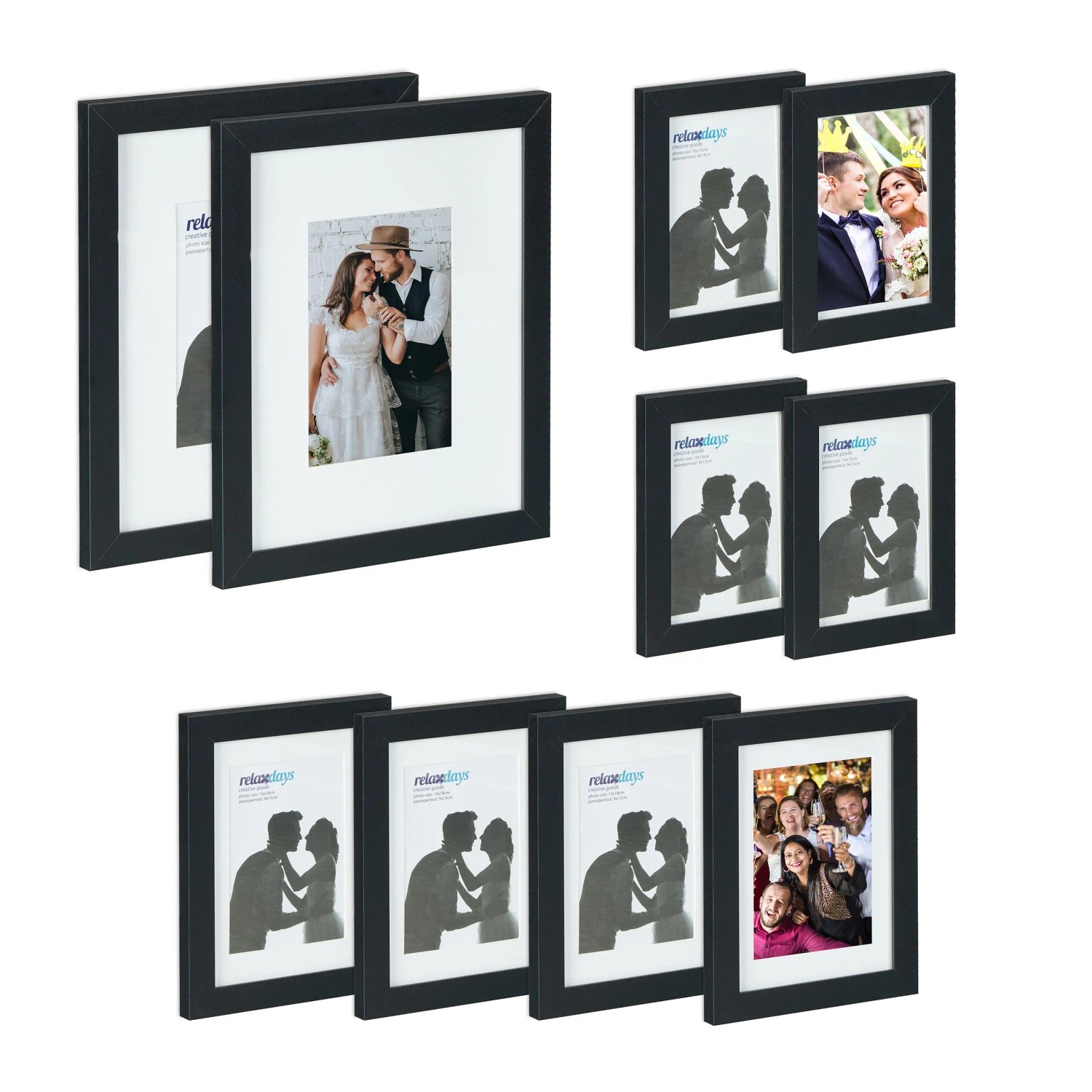 Relaxdays Bilderrahmen 10er Set MDF Glas Schwarz Hängbar Aufstellbar