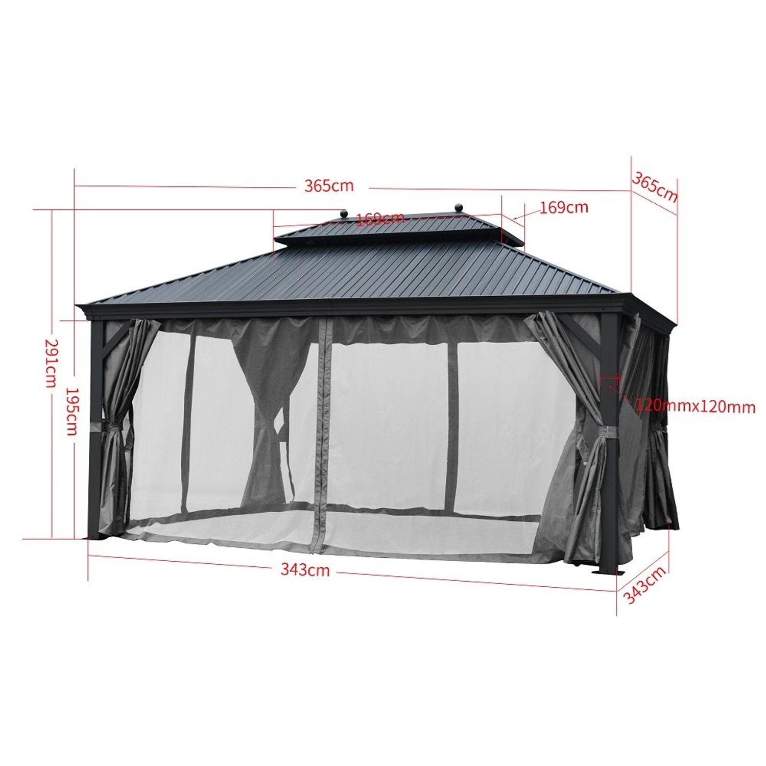 Jet-Line Gartenpavillon Bagdad, anthrazit, 3,65x3,65m, mit festem Metalldach und Moskitonetz.