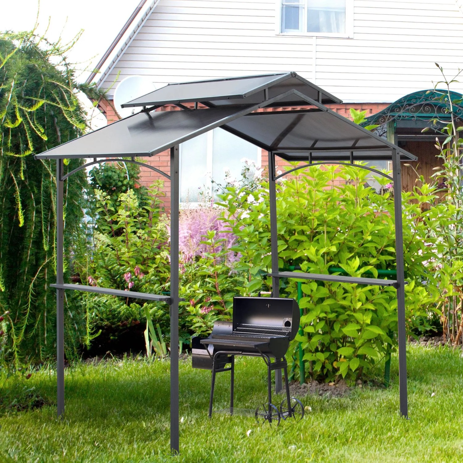 Outsunny GrillPavillon Stahl PC-Platte Schwarz Braun 240L x 150B x 250H cm_2