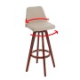 Drehbarer Barhocker mit Lehne, creme-farbener Sitz aus Kunstleder und braunem Holzgestell.