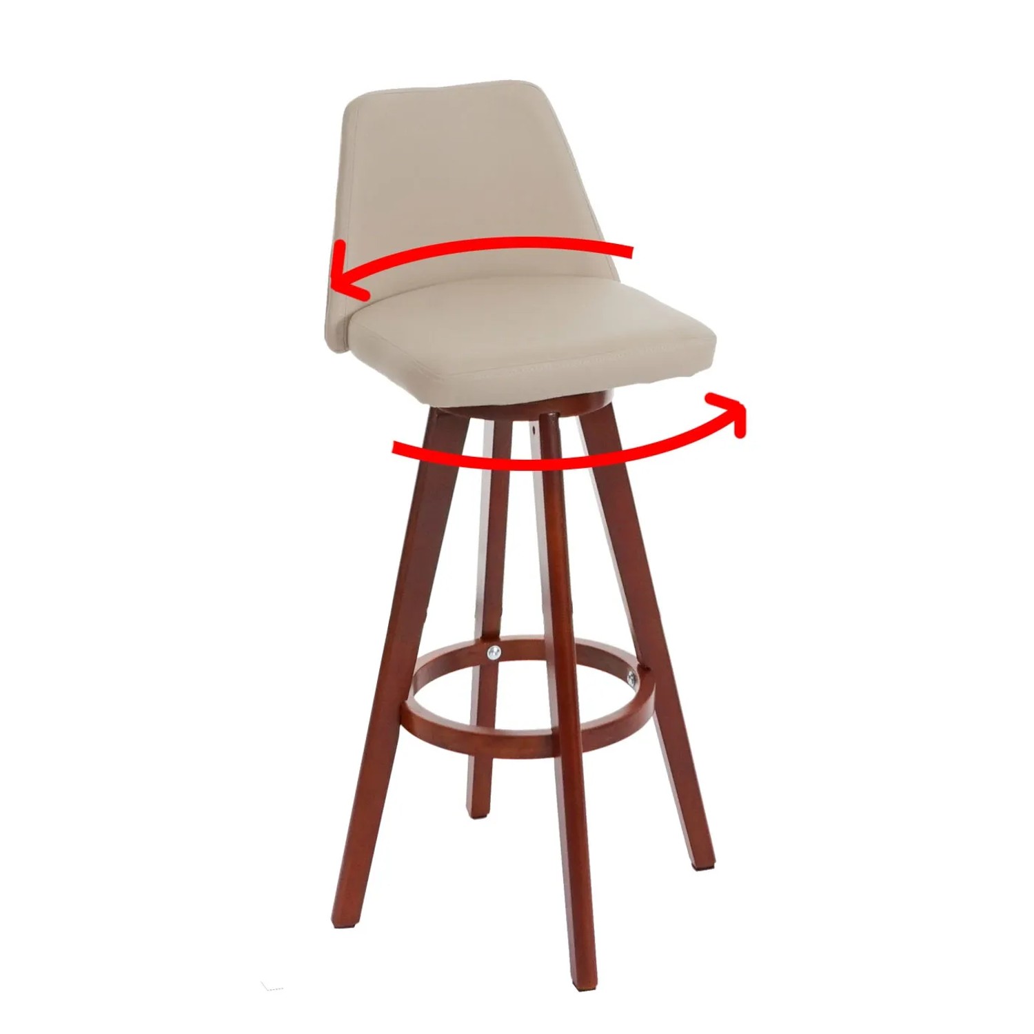 Drehbarer Barhocker mit Lehne, creme-farbener Sitz aus Kunstleder und braunem Holzgestell.