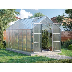 Vitavia Gewächshaus Uranus 11500, Alu blank, 11,5 m² mit geöffneter Doppeltür im Garten.