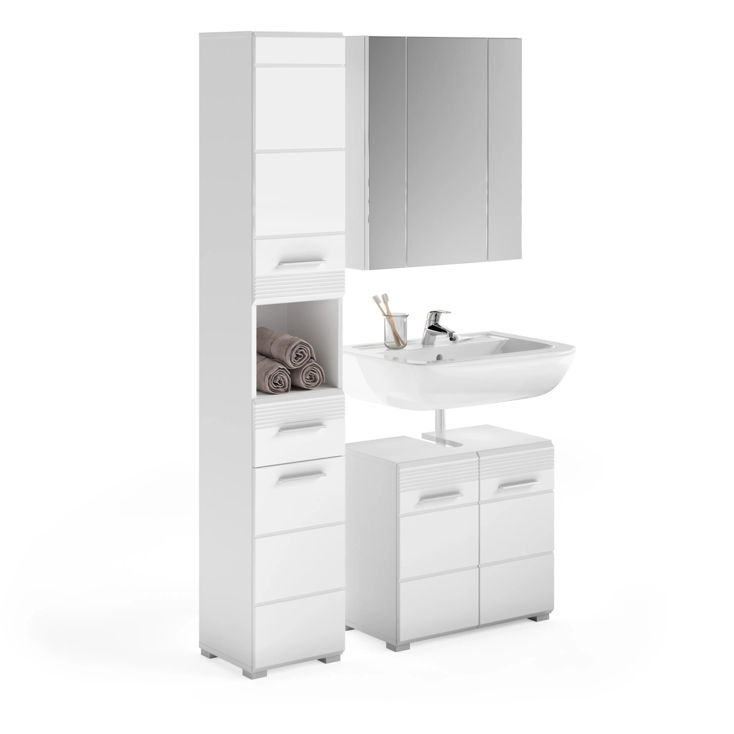 3-teiliges Badmöbel-Set Linus in Hochglanz Weiß mit Spiegelschrank, Waschbeckenunterschrank und Hochschrank.
