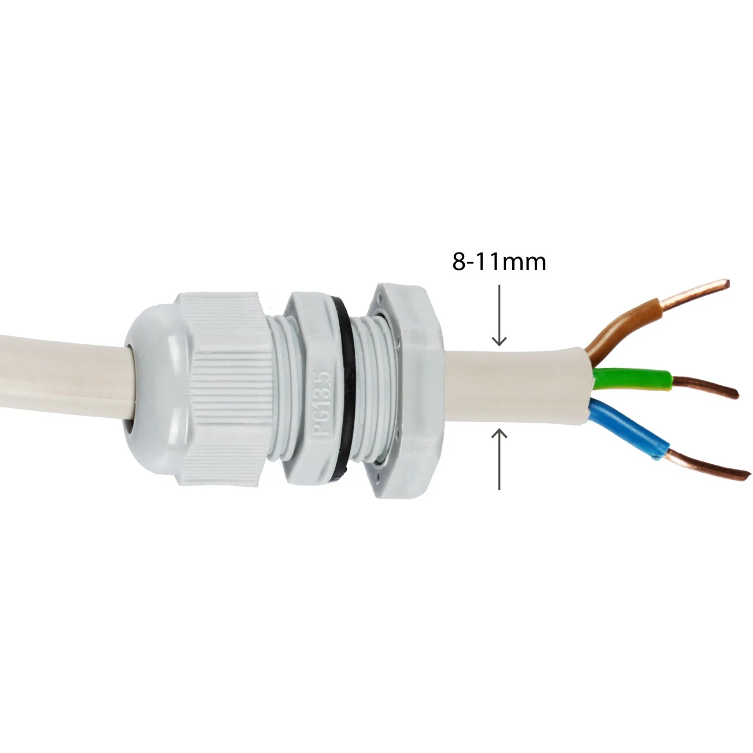 Detailaufnahme einer grauen Kabelverschraubung mit Kabel für eine LED-Feuchtraumleuchte.