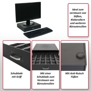 Schwarze MCW Monitorerhöhung L98 mit integrierter Schublade für Büroutensilien und Anti-Rutsch Füßen auf einem Schreibtisch.