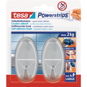 Tesa Selbstklebehaken, 2er-Set, Chrom glänzend, oval, mit Powerstrips für bis zu 2 kg Halteleistung.