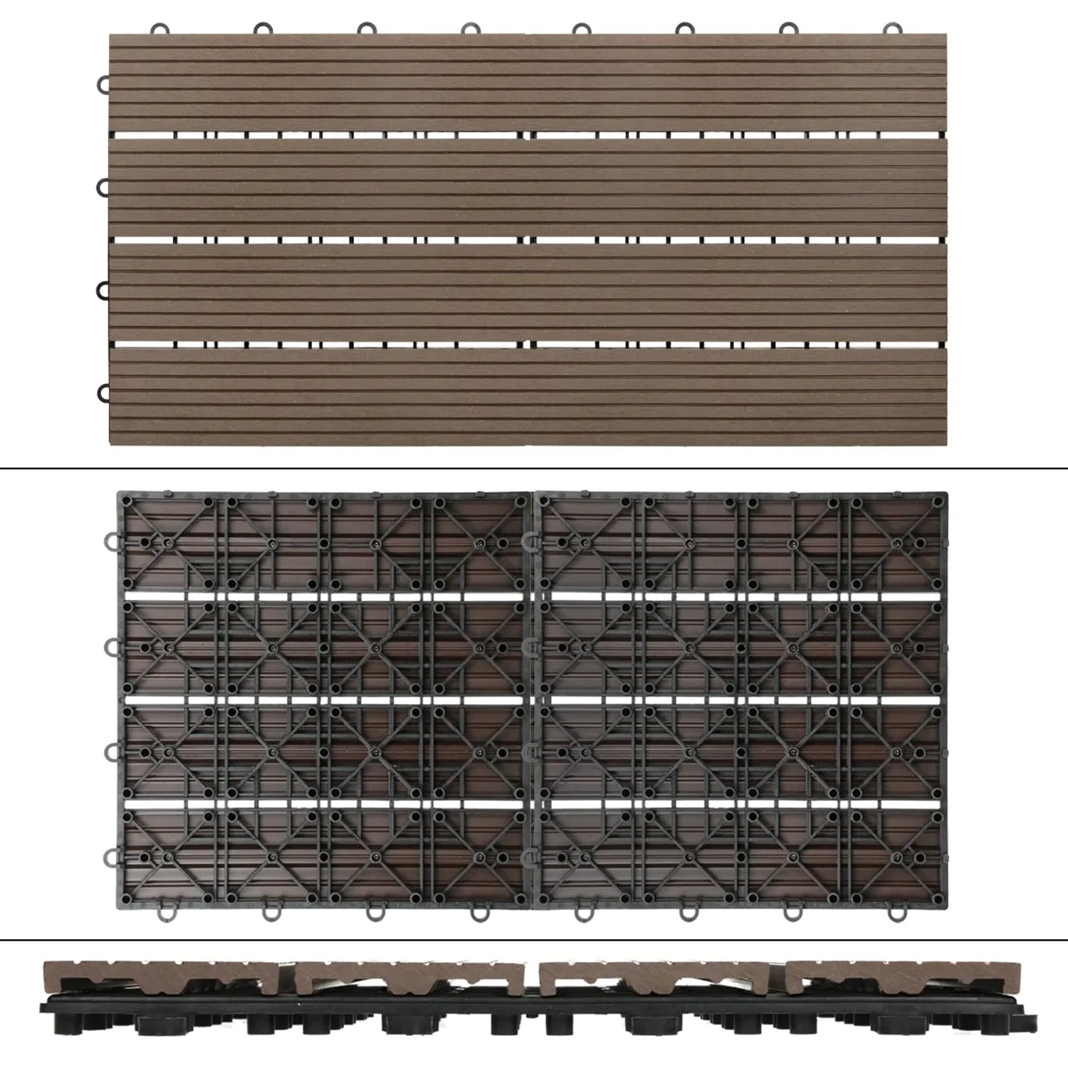 ECD Germany WPC Terrassenfliesen, 60x30cm, 12er Set, dunkelbraune Holzoptik, Klicksystem und Drainage.