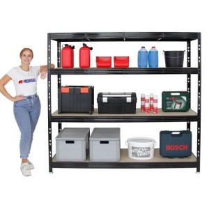 Schwarzes PROREGAL Schwerlastregal Rhino mit 4 Ebenen und diversen Gegenständen. Regal für Werkstatt und Lager.