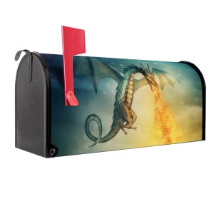 Schwarzer Banjado US Briefkasten mit Drachen Motiv, Stahl pulverbeschichtet. Origineller Postkasten für Wand oder Standmontage.