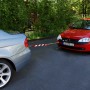 Apa Abschleppstange Snap-in zwischen zwei PKW. Abschleppstange mit rot-weißen Streifen.