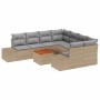 Beiges 9-teiliges vidaXL Garten-Sofa-Set aus Poly Rattan mit grauen Kissen und Tisch.