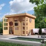 Karibu Gartenhaus Sölve aus unbehandeltem Holz mit Flachdach und Doppeltür.