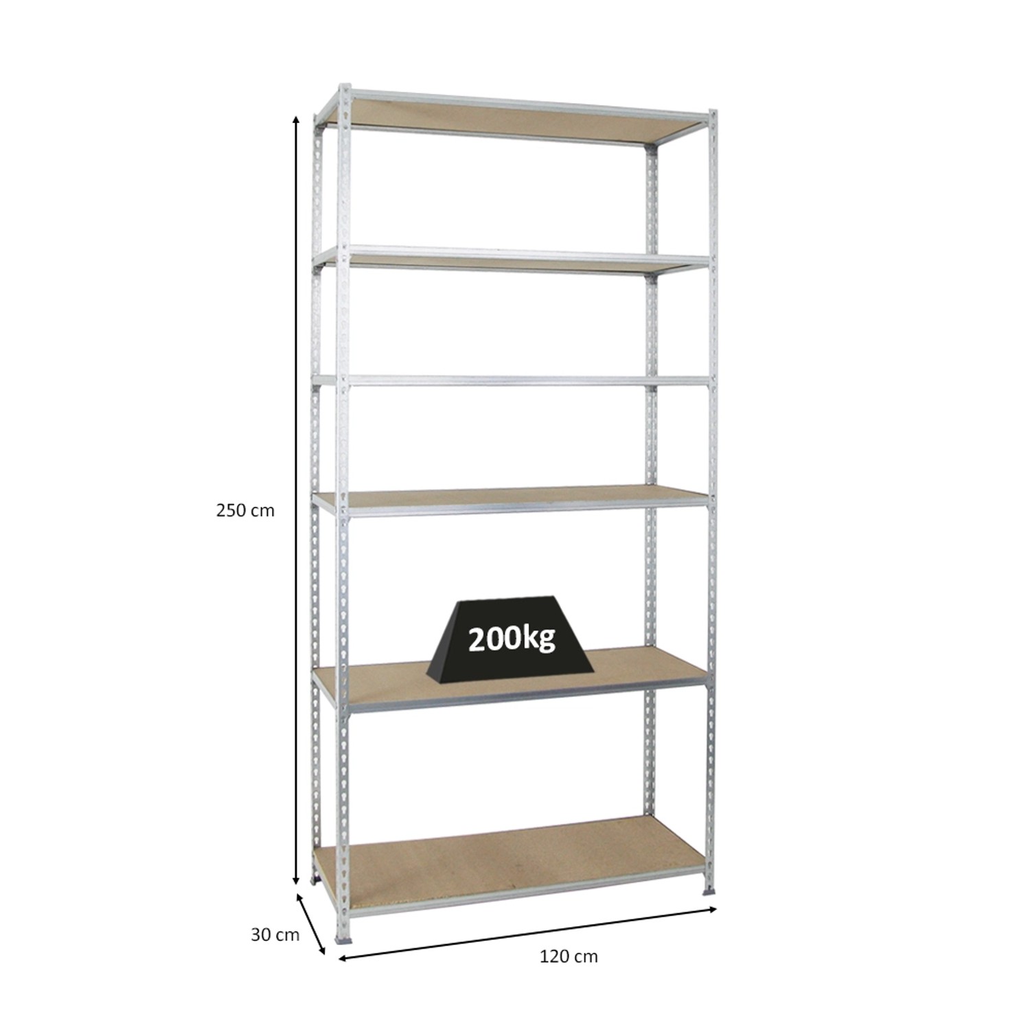 Verzinktes PROREGAL Schwerlastregal Giant Muli mit 6 Böden, 250x120x30 cm, Fachlast 200 kg.