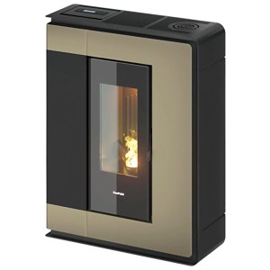 Freepoint Pelletofen Arco Stahl Bronze 7 kW mit Sichtfenster und Flamme.