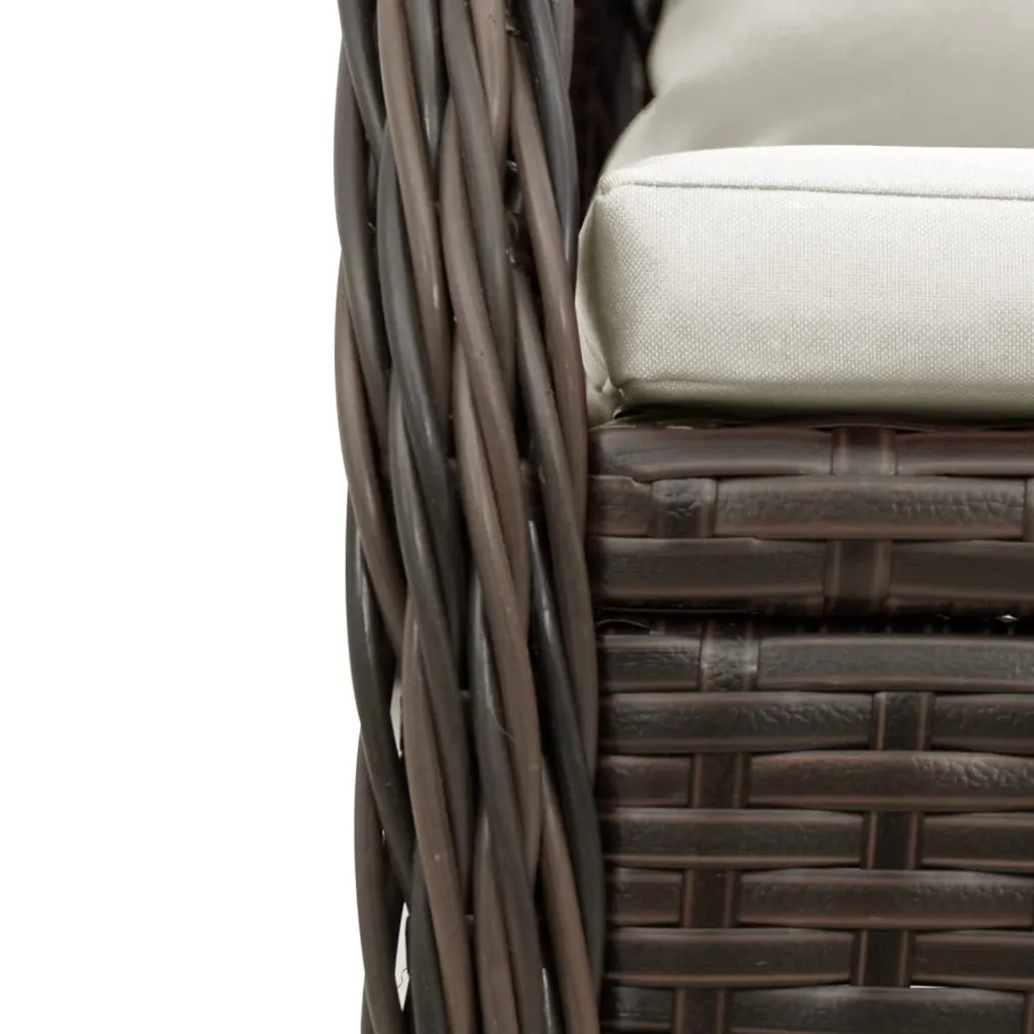 Detailansicht: Braune vidaXL Garten-Essgruppe aus Polyrattan mit cremefarbenen Kissen.