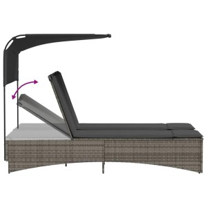 Graue Doppel-Sonnenliege mit Dach und verstellbarer Rückenlehne aus Polyrattan.