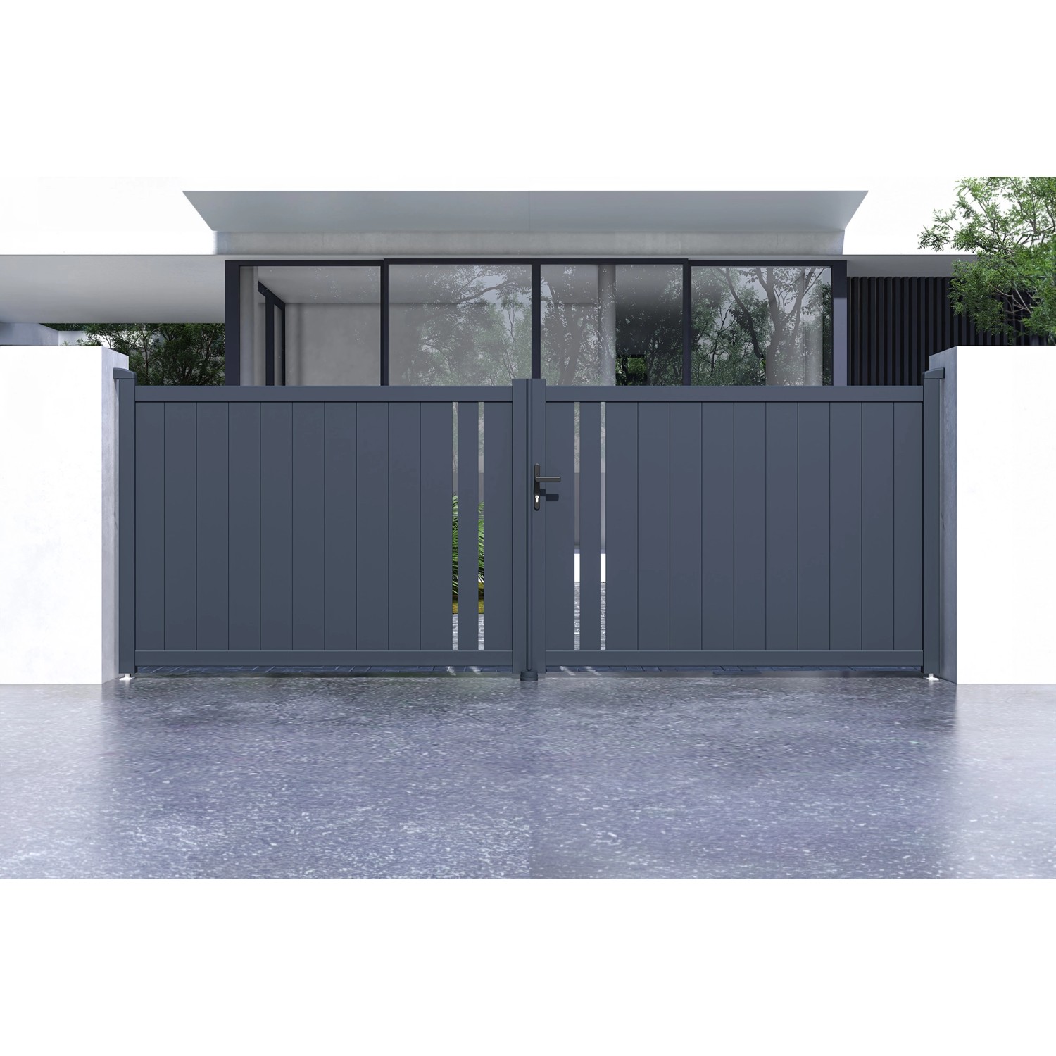 Graues Casanoov Flügeltor Giona 4M mit zwei Pfosten. Gartentor aus Aluminium mit vertikalen Streben.