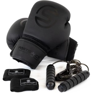 Schwarzes Sportisfaction Boxhandschuh-Set mit Bandagen und Springseil aus PU-Leder.