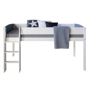 Weißes Kinderhochbett 90x200 mit Leiter, grauen Akzenten und Absturzsicherung. Ideal für Kinderzimmer.
