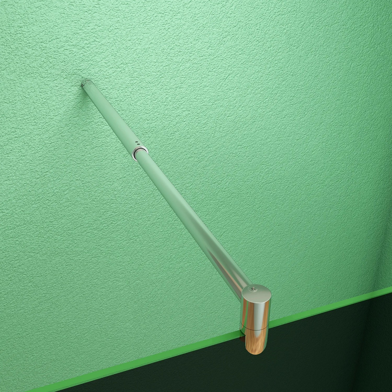 Chromfarbene, ausziehbare Dusch-Stabilisierungsstange für 6-10mm Glas, an grüner Wand montiert.
