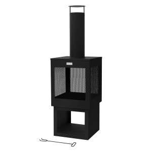 Schwarzer Ml-Design Gartenkamin aus Stahl mit Schornstein (128x40 cm) für Outdoor-Grillabende.
