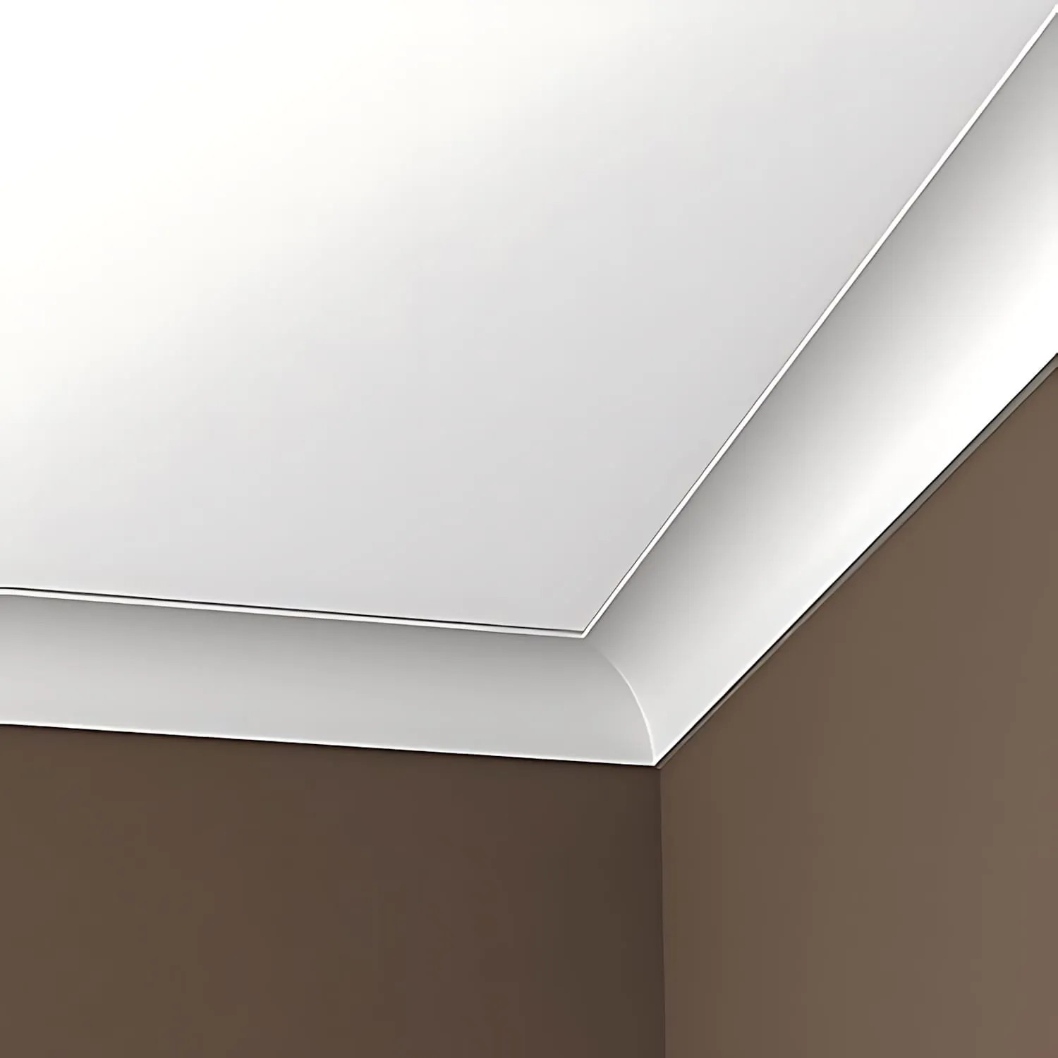 Weiße PROFHOME Eckleisten (10 Stk.) als Zubehör für Paneele im Set montiert an Decke und Wand.