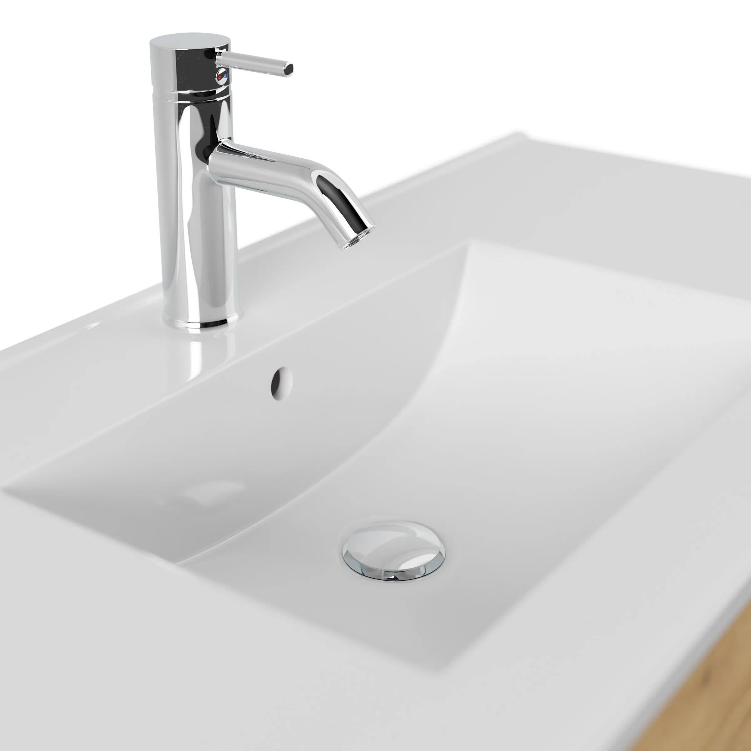 Detailaufnahme: Waschbecken des Posseik Badmöbel Homeline 100 in Eiche Gold mit Armatur.